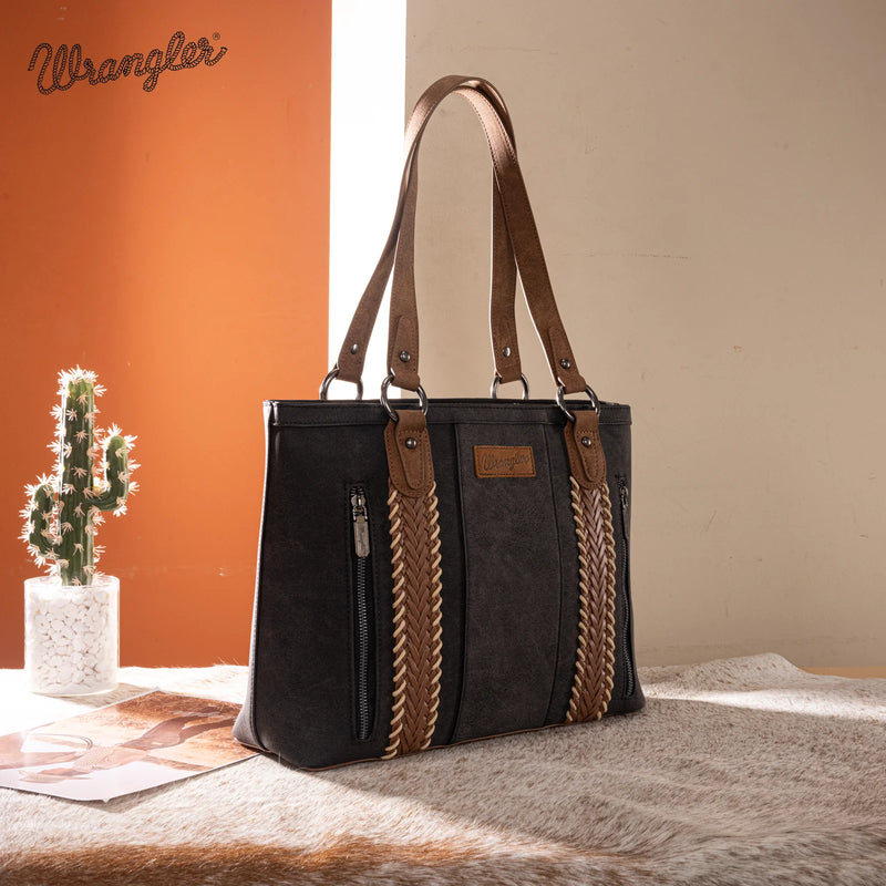 Load image into Gallery viewer, WG217-2002BK - Wrangler Braided Whipstitch Zippered Tote - Black
