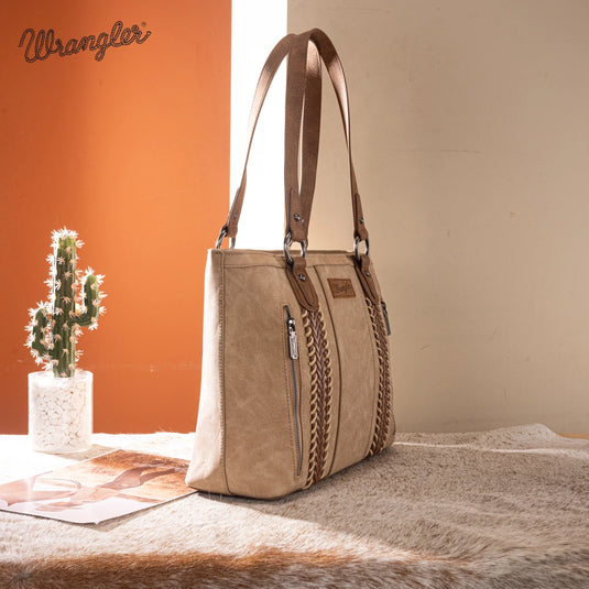 WG217-2002TN - Wrangler Braided Whipstitch Zippered Tote - Tan