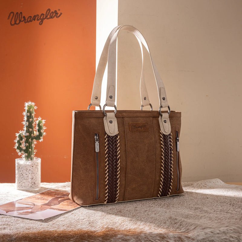 Load image into Gallery viewer, WG217-2002BR - Wrangler Braided Whipstitch Zippered Tote - Brown
