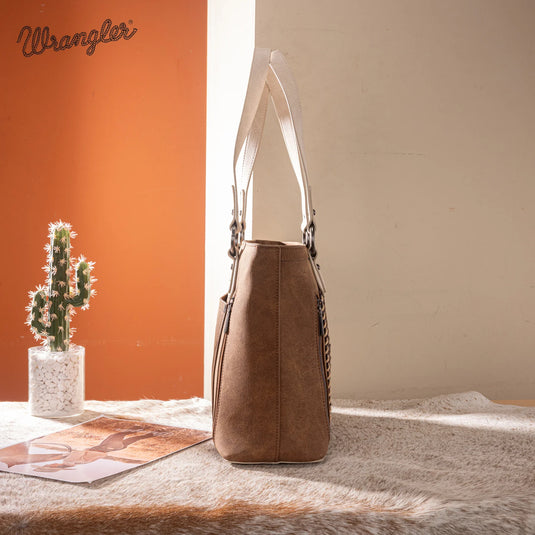 WG217-2002BR - Wrangler Braided Whipstitch Zippered Tote - Brown