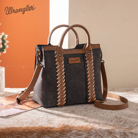 WG217-889BK - Wrangler Black Braided Whipstitch Top Handle Small Tote/Crossbody