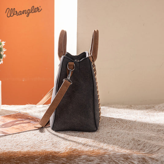 WG217-889BK - Wrangler Black Braided Whipstitch Top Handle Small Tote/Crossbody