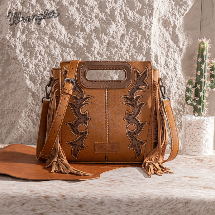WG193-2003BR - Wrangler Top Handle Boot Scroll Fringe Tote/Crossbody -Brown