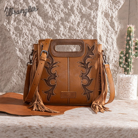 WG193-2003BR - Wrangler Top Handle Boot Scroll Fringe Tote/Crossbody -Brown