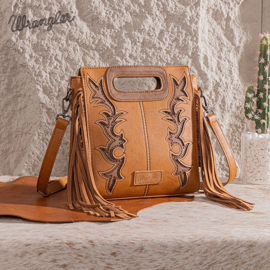 WG193-2003BR - Wrangler Top Handle Boot Scroll Fringe Tote/Crossbody -Brown