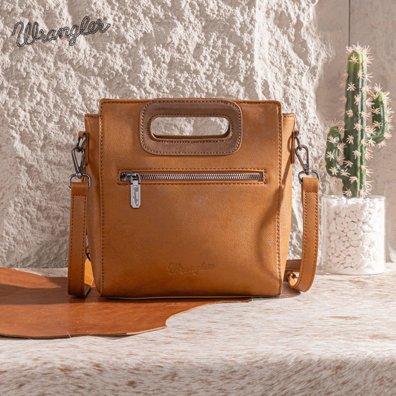 Load image into Gallery viewer, WG193-2003BR - Wrangler Top Handle Boot Scroll Fringe Tote/Crossbody -Brown
