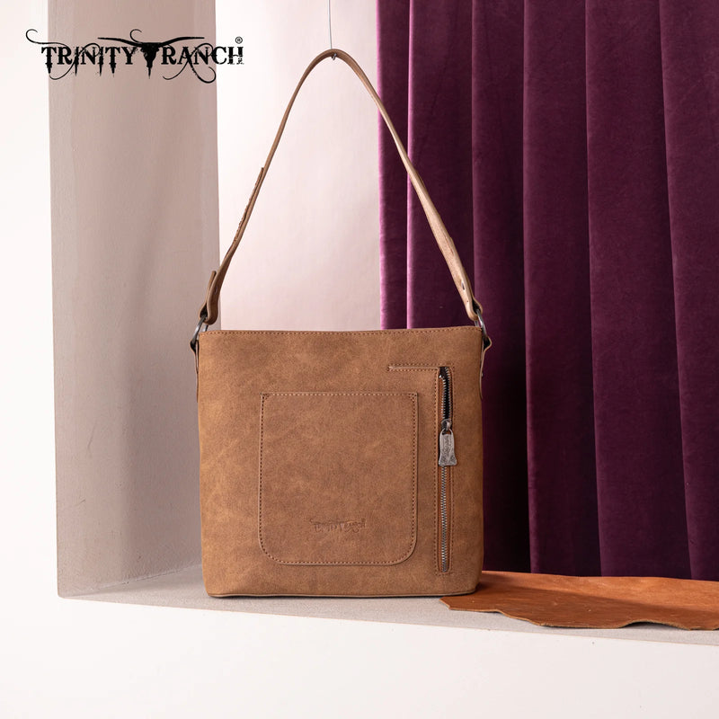 Load image into Gallery viewer, TR185G-918BR - Trinity Ranch Genuine Hair-On Cowhide Tooled Concealed Carry Hobo Bag- Brown
