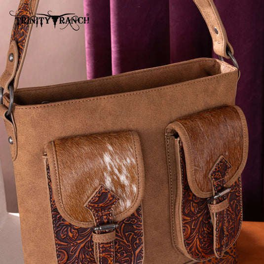 TR185G-918BR - Trinity Ranch Genuine Hair-On Cowhide Tooled Concealed Carry Hobo Bag- Brown