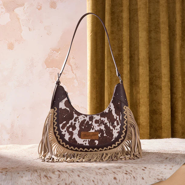 Load image into Gallery viewer, WG444-818CF - Wrangler Coffee Cow Print Fringe Shoulder Hobo Bag
