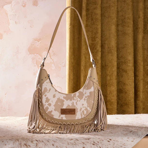 Load image into Gallery viewer, WG444-818TN - Wrangler Tan Cow Print Fringe Shoulder Hobo Bag
