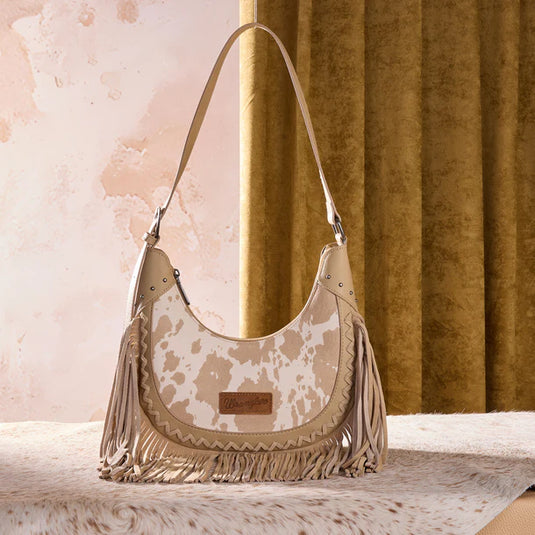 WG444-818TN - Wrangler Tan Cow Print Fringe Shoulder Hobo Bag