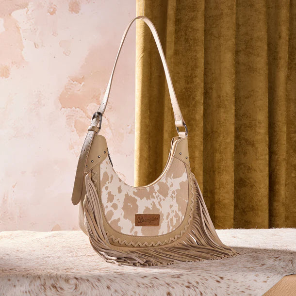 Load image into Gallery viewer, WG444-818TN - Wrangler Tan Cow Print Fringe Shoulder Hobo Bag
