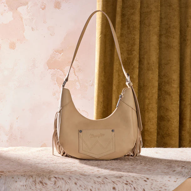 Load image into Gallery viewer, WG444-818TN - Wrangler Tan Cow Print Fringe Shoulder Hobo Bag
