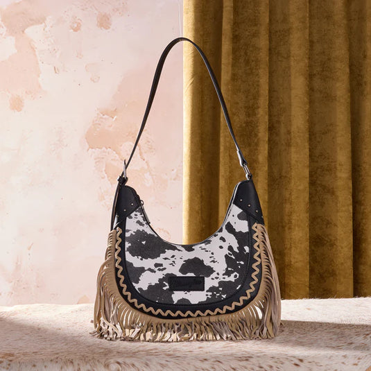 WG444-818BK - Wrangler Black Cow Print Fringe Shoulder Hobo Bag
