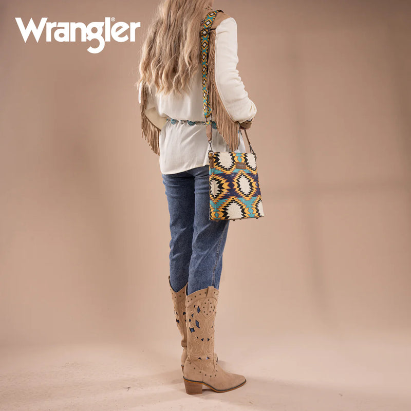 Load image into Gallery viewer, WG221-8360GN - Wrangler Aztec Distressed Print Dual Sided Print Crossbody - Green
