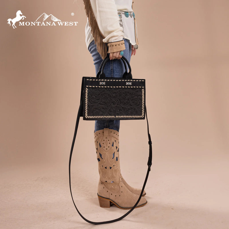 Load image into Gallery viewer, MW1323-8011BK - Montana West Tooled Collection Tote/Crossbody
