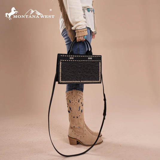 MW1323-8011BK - Montana West Tooled Collection Tote/Crossbody