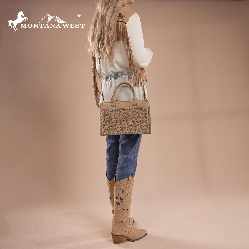 Load image into Gallery viewer, MW1323-8011TN - Montana West Tooled Collection Tote/Crossbody
