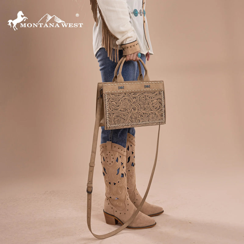 Load image into Gallery viewer, MW1323-8011TN - Montana West Tooled Collection Tote/Crossbody
