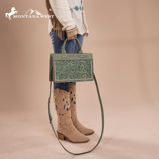 MW1323-8011GN - Montana West Tooled Collection Tote/Crossbody