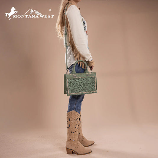 MW1323-8011GN - Montana West Tooled Collection Tote/Crossbody