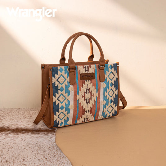 WG275-8120BR - Wrangler Sherpa Aztec Canvas Tote/Crossbody - Brown