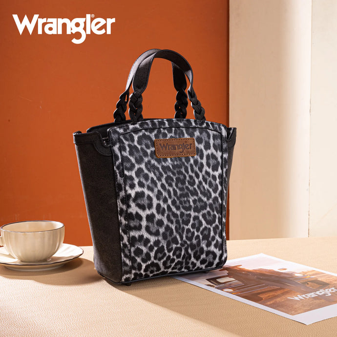 WG296-8014BK - Wrangler Leopard Print Braided Handle Tote/Crossbody - Black