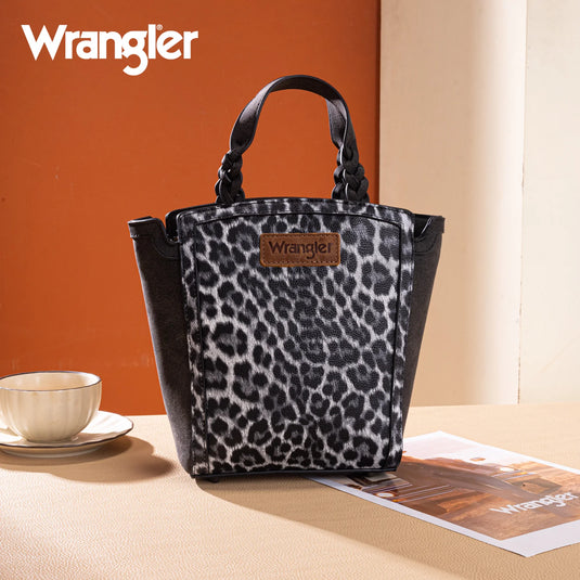 WG296-8014BK - Wrangler Leopard Print Braided Handle Tote/Crossbody - Black