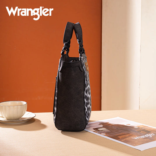 WG296-8014BK - Wrangler Leopard Print Braided Handle Tote/Crossbody - Black