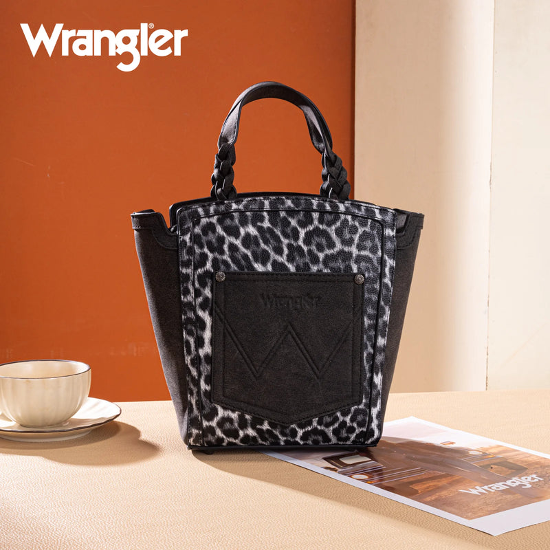 Load image into Gallery viewer, WG296-8014BK - Wrangler Leopard Print Braided Handle Tote/Crossbody - Black
