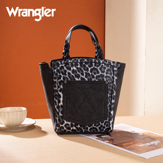 WG296-8014BK - Wrangler Leopard Print Braided Handle Tote/Crossbody - Black