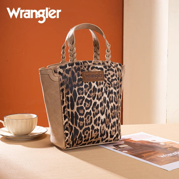 Load image into Gallery viewer, WG296-8014TN - Wrangler Leopard Print Braided Handle Tote/Crossbody - Tan
