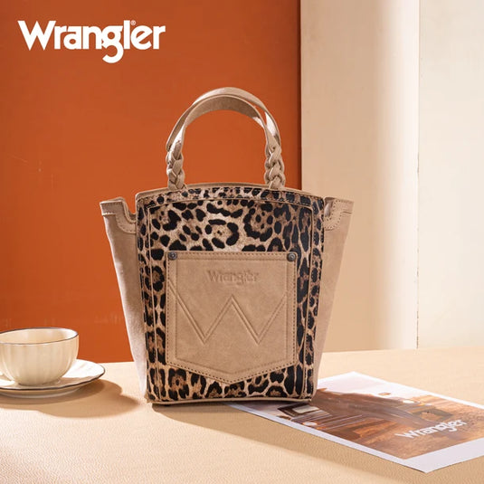 WG296-8014TN - Wrangler Leopard Print Braided Handle Tote/Crossbody - Tan