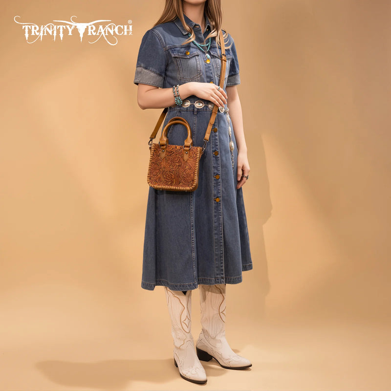 Load image into Gallery viewer, TR192-8800BR - Trinity Ranch Floral Tooled Collection Mini Tote/Crossbody - Brown
