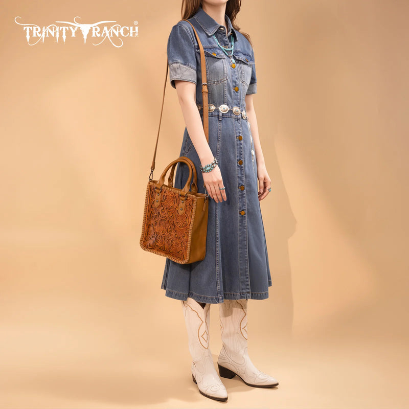 Load image into Gallery viewer, TR192-8368LBR - Trinity Ranch Floral Tooled Collection Tote/Crossbody - Light Brown
