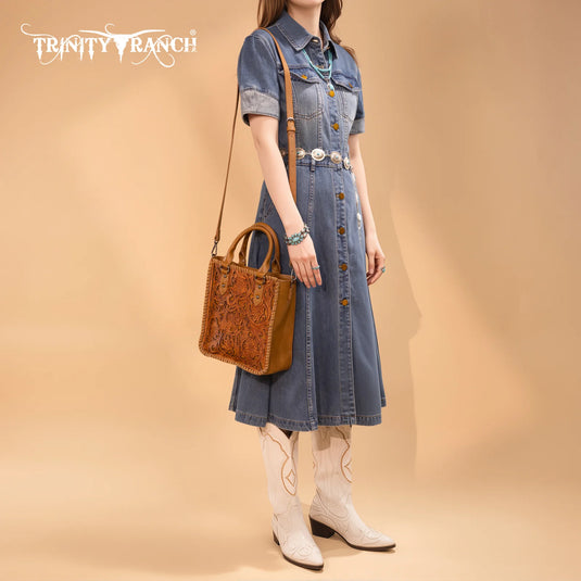 TR192-8368LBR - Trinity Ranch Floral Tooled Collection Tote/Crossbody - Light Brown