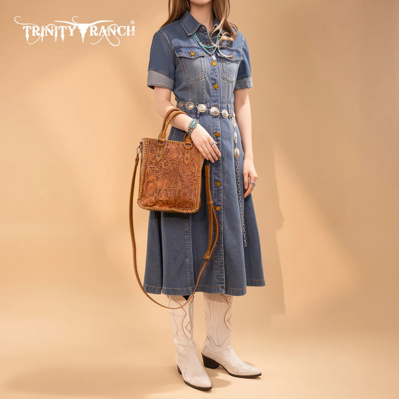 Load image into Gallery viewer, TR192-8368LBR - Trinity Ranch Floral Tooled Collection Tote/Crossbody - Light Brown
