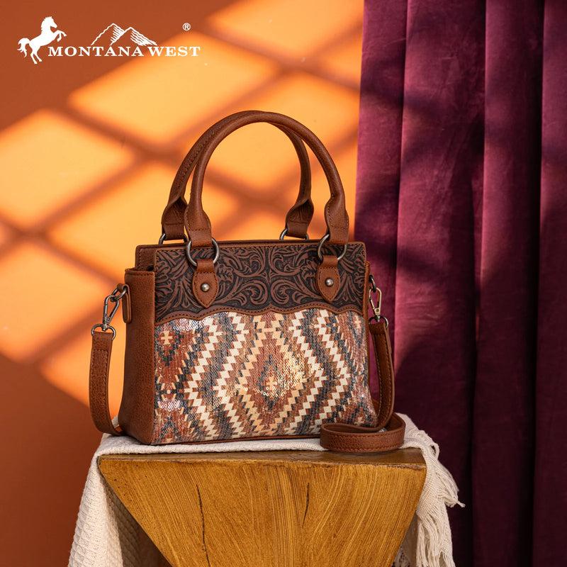 Load image into Gallery viewer, MW1308-8360BR - Montana West Tooled Aztec Collection Tote/Crossbody
