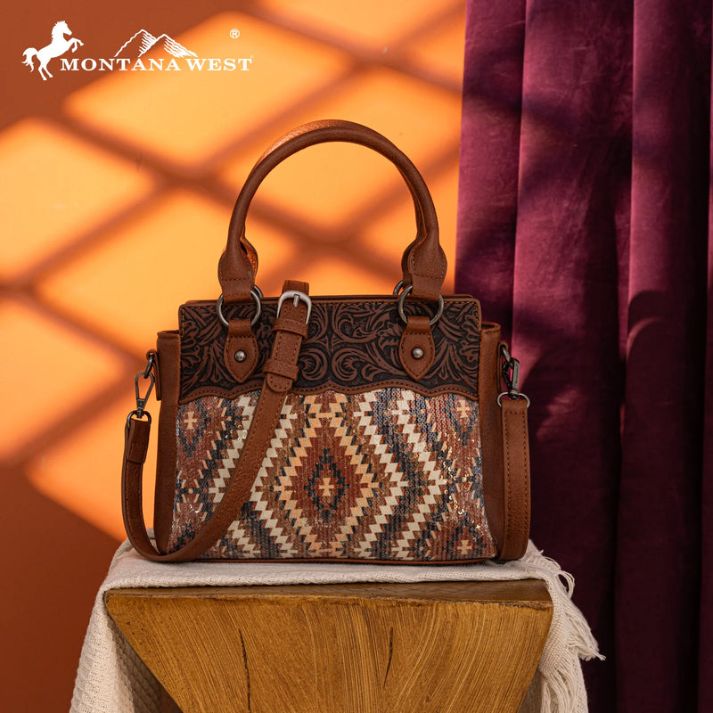 Load image into Gallery viewer, MW1308-8360BR - Montana West Tooled Aztec Collection Tote/Crossbody
