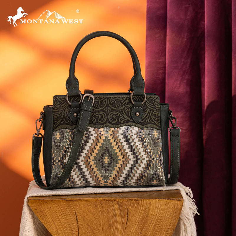 Load image into Gallery viewer, MW1308-8360GN - Montana West Tooled Aztec Collection Tote/Crossbody
