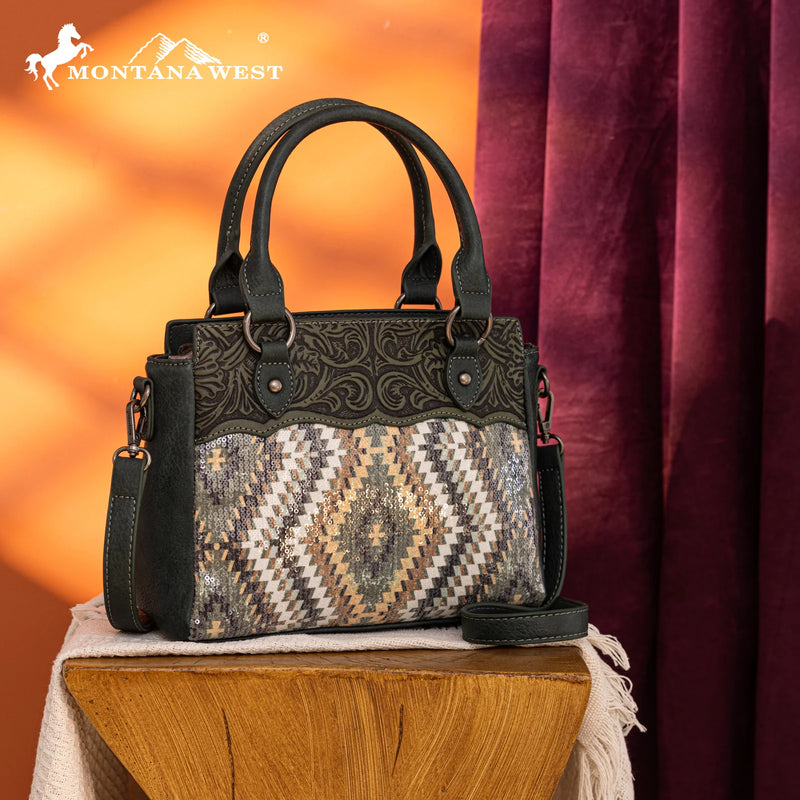 Load image into Gallery viewer, MW1308-8360GN - Montana West Tooled Aztec Collection Tote/Crossbody
