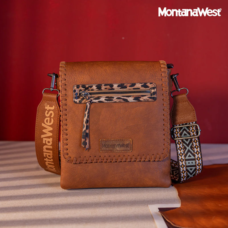 Load image into Gallery viewer, MWC-H183DBR - Montana West Whipstitch Leopard Print Crossbody - Dark Brown
