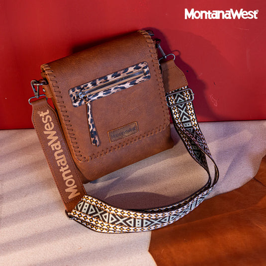 MWC-H183DBR - Montana West Whipstitch Leopard Print Crossbody - Dark Brown