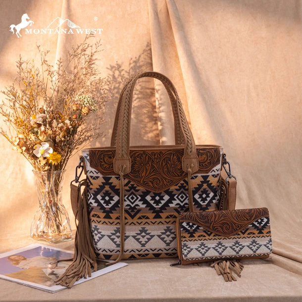 Load image into Gallery viewer, MW1295G-8313WTN - Montana West Tooled Aztec Tote/Crossbody with Wallet Set - Tan
