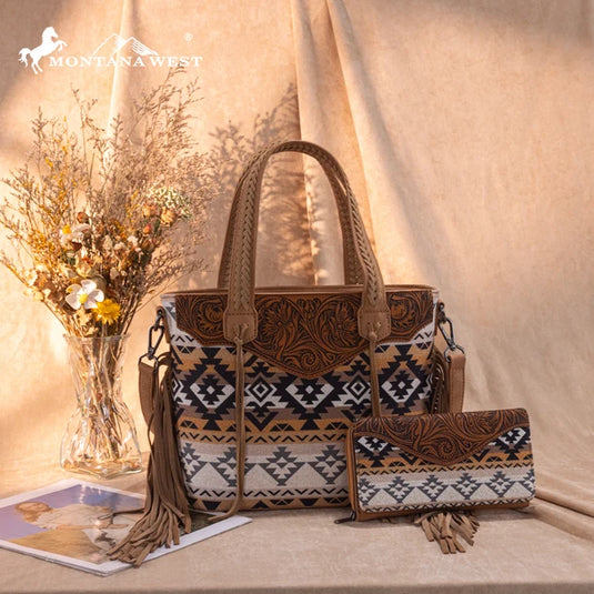 MW1295G-8313WTN - Montana West Tooled Aztec Tote/Crossbody with Wallet Set - Tan
