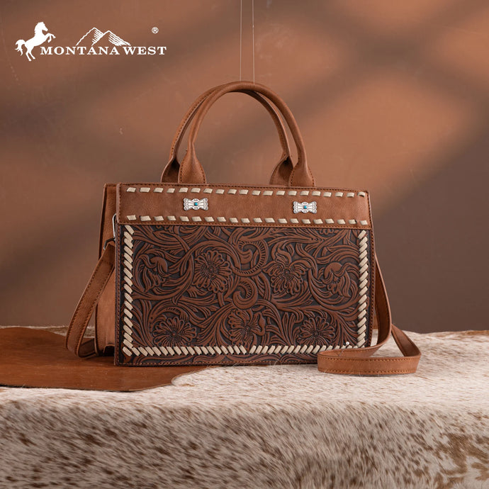 MW1323-8011BR - Montana West Tooled Collection Tote/Crossbody