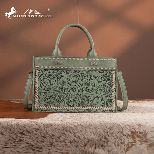 MW1323-8011GN - Montana West Tooled Collection Tote/Crossbody