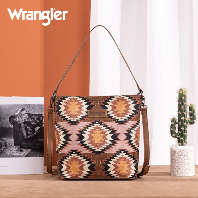 WG221-918BR - Wrangler Aztec Distressed Print Dual Sided Print Hobo Bag/Crossbody