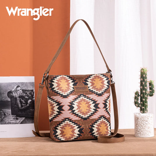 WG221-918BR - Wrangler Aztec Distressed Print Dual Sided Print Hobo Bag/Crossbody