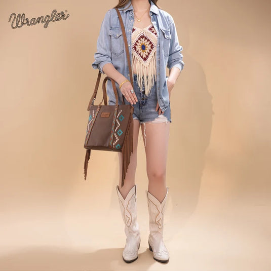 WG233-2009BR - Wrangler Aztec Embroidered Tote/Crossbody Bag - Brown